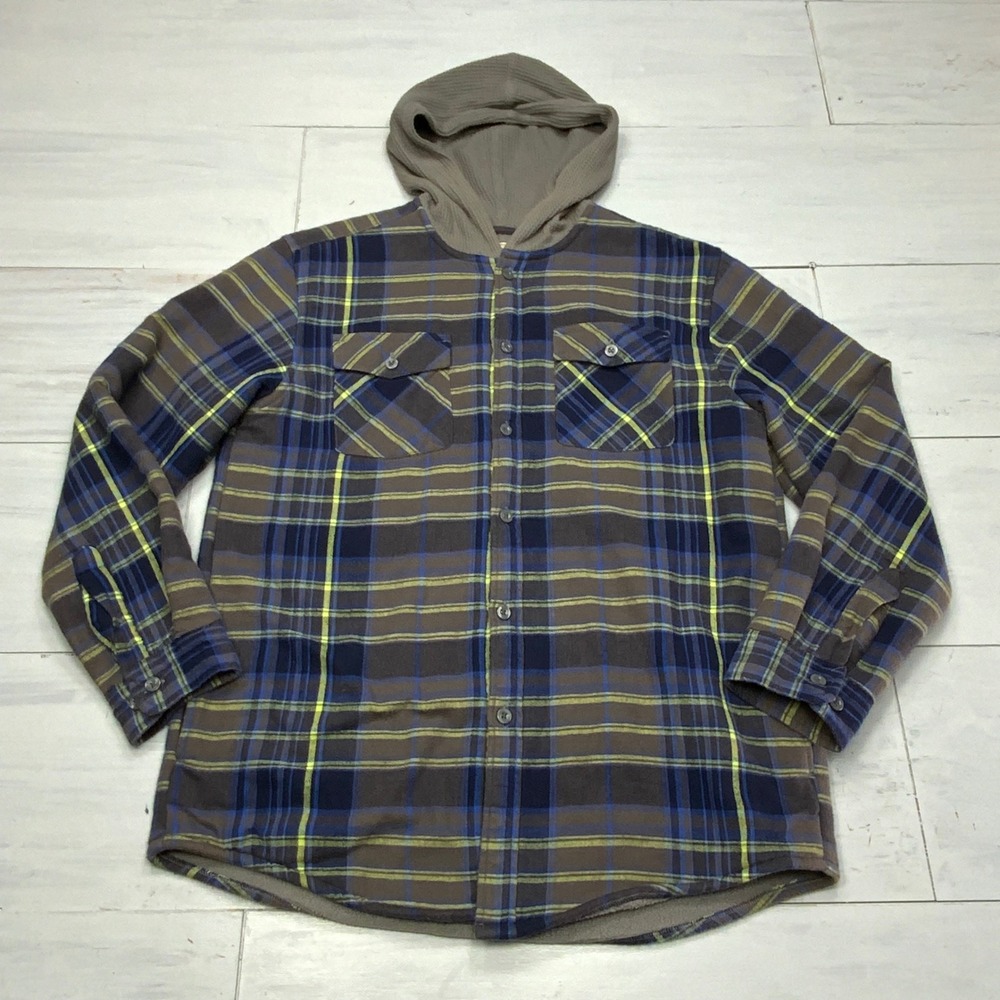 L.L.Bean Hooded Flannel Shirt Jacket Boys XL 18 Blue Plaid Fleece Lined Warm